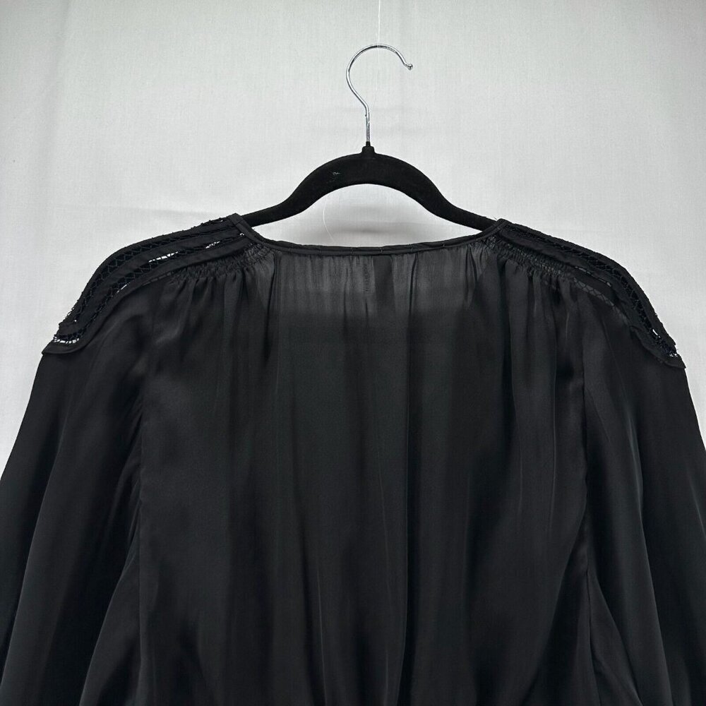 Renee C. Top Womens Size M Smocked Popover Blouse Lace Trim Balloon Sleeve Black - Picture 5 of 11